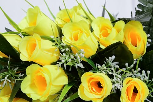 Product: Set of 2 Artificial Grave Memorial Flowers Cemetery Flowers Rose Bouquet with Vase for Cemetery Graveyard Headstones Decoration (Yellow-24H)