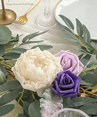 Silky Flower Store Artificial Eucalyptus Garland with Flowers, Lilac Lavender Floral Table Runner, 6ft 13.75in wide 3.5in high 10 10 Product: Floroom 6ft Artificial Eucalyptus Garland with Flowers Fake Greenery Faux Floral Vine Garland for Table Decor Wedding Centerpieces Bridal Shower Party Decorations, Lilac & Lavender
