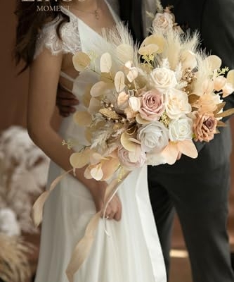 Product: Ling's Moment Boho Wedding Bouquets for Bride, White Beige and Gold Bridal Bouquets for Bride, 15 Inch Free Form Artificial Wedding Flower Bouquet