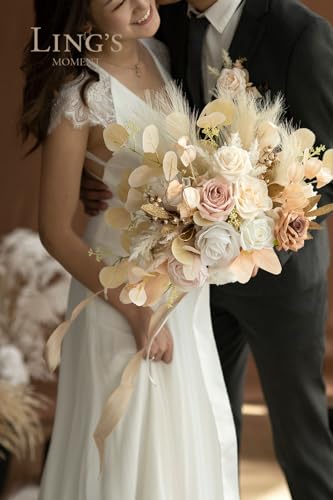 Product: Ling's Moment Boho Wedding Bouquets for Bride, White Beige and Gold Bridal Bouquets for Bride, 15 Inch Free Form Artificial Wedding Flower Bouquet