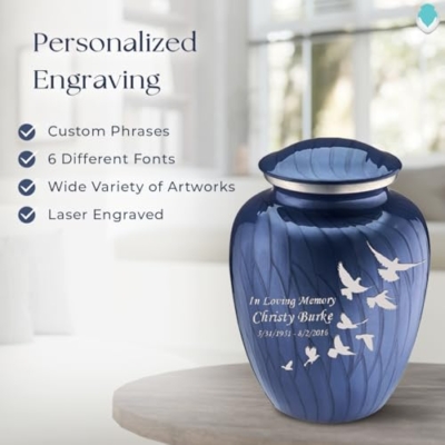 Product: Geturns Embrace Adult Personalized Doves Cremation Urns for Human Ashes I Large Pearl Cobalt Blue Funeral Urn for Adult Men and Women with Double Side Engraving I 200 lbs