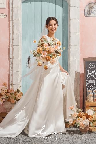 Silky Flower Store Peach Apricot Artificial Bridal Bouquet, Wedding Flower Bouquet for Bride, Ribbons Card, 15 Inch x 11 Inch 2 2 Product: Ling's Moment Peach Wedding Bouquets for Bride, Apricot Bridal Bouquets for Bride,15 Inch Free Form Artificial Wedding Flower Bouquet