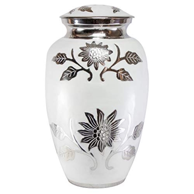 Product: Large Pearl White Funeral Cremation Urn for Human Ashes with Personalization and Velvet Box