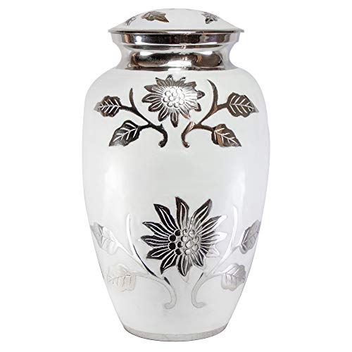 Product: Large Pearl White Funeral Cremation Urn for Human Ashes with Personalization and Velvet Box