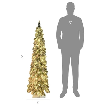 Silky Flower Store HOMCOM Prelit Pencil Artificial Christmas Tree, Snow Flocked Branches, 150 LED Lights, Downswept Shape, 5ft 13 13 Product: HOMCOM 5ft Tall Prelit Pencil Artificial Christmas Tree Holiday Décor with 334 Snow Flocked Branches, 150 Warm White or Colorful LED Lights, Downswept Shape