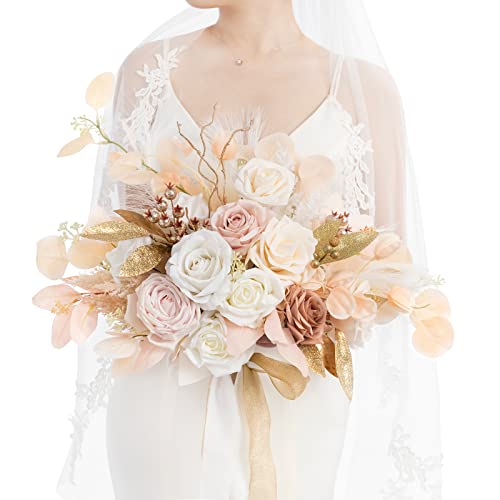 Product: Ling's Moment Boho Wedding Bouquets for Bride, White Beige and Gold Bridal Bouquets for Bride, 15 Inch Free Form Artificial Wedding Flower Bouquet