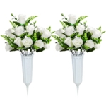 Product: Artificial Cemetery Flowers with Vase, Artificial Rose Bouquet Grave Memorial Flowers for Cemetery Headstones Decoration, Set of 2