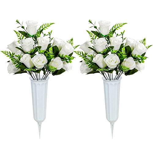 Product: Artificial Cemetery Flowers with Vase, Artificial Rose Bouquet Grave Memorial Flowers for Cemetery Headstones Decoration, Set of 2