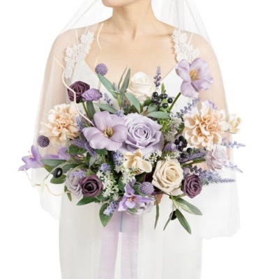 Product: Ling's Moment Purple Lavender Wedding Bouquets for Bride, Lilac Bridal Bouquets for Bride,15 Inch Free Form Artificial Wedding Flower Bouquet
