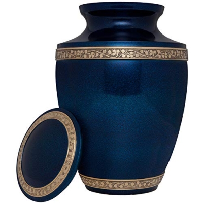Silky Flower Store Blue Brass Cremation Urn for Human Ashes, Torino Model, Hand Painted Cobalt Blue with Gold Bands, 10 x 6.7in 5 5 Product: Blue Funeral Cremation Urn for Human Ashes - Hand Made in Brass - Suitable for Cemetery Burial or Niche - Large Size fits Remains of Adults up to 200 lbs - Torino Model