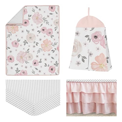 Product: Sweet Jojo Designs 4-Piece Baby Crib Bedding Set (Pink/Grey Boho Floral) for Girls, Infants/Nursery incl. Blanket, Fitted Sheet, Skirt, Diaper Stacker (Watercolor, Elegant Rose Polka Dot, Blush Gray)