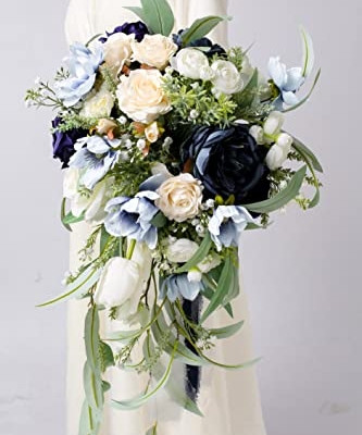 Silky Flower Store Navy Blue Bridal Bouquet, Cascading Wedding Bouquet, Faux Roses Eucalyptus, Wedding Decor, 12 Inch 11 11 Product: BENCENTRE 12 Inch Navy Blue Bridal Bouquet, Cascading Bouquet, Wedding Bouquet,for Wedding Ceremony Anniversary, Bridal Party and French Rustic Vintage Wedding, Artificial Flowers