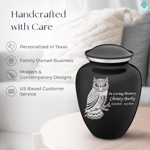 Product: Geturns Embrace Adult Personalized Owl Cremation Urns for Human Ashes I Large Black Funeral Urn for Men and Women I 200 lbs