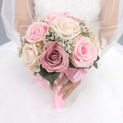 Silky Flower Store Bridal Bouquet Dusty Pink Champagne Roses Real Touch Babybreath, Wedding Flower Bouquet, 9inches 8 8 Product: Abbie Home Bridal Bouquet - 9 inches Dusty Pink Champagne Roses Real Touch Babybreath Wedding Flower (Bouquet)