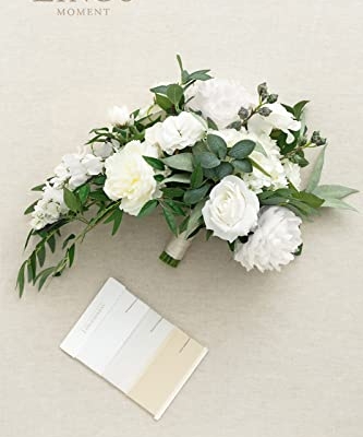 Silky Flower Store White Bridal Cascading Bouquet, Ivory Wedding Bouquet, Artificial Peony Rose Eucalyptus, Pearl Crystal Accents, 15 Inch 10 10 Product: Ling's Moment White Bridal Bouquet Cascading, Ivory Wedding Bouquets for Bride, 15 Inch Bride Bouquets for Wedding Artificial Flowers Bouquets