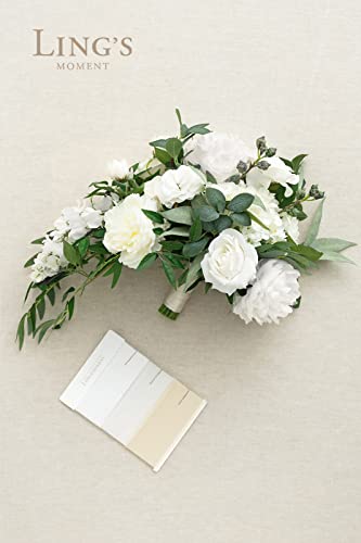 Silky Flower Store White Bridal Cascading Bouquet, Ivory Wedding Bouquet, Artificial Peony Rose Eucalyptus, Pearl Crystal Accents, 15 Inch 4 4 Product: Ling's Moment White Bridal Bouquet Cascading, Ivory Wedding Bouquets for Bride, 15 Inch Bride Bouquets for Wedding Artificial Flowers Bouquets