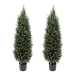 Product: 4ft(48”) Artificial Cedar Outdoor Artificial Shrub Sunlight Resistant Leafy Potted Plant for Indoor Porch of Home and Office Artificial Outdoor Tree 2 Pieces a Set Topiary Trees