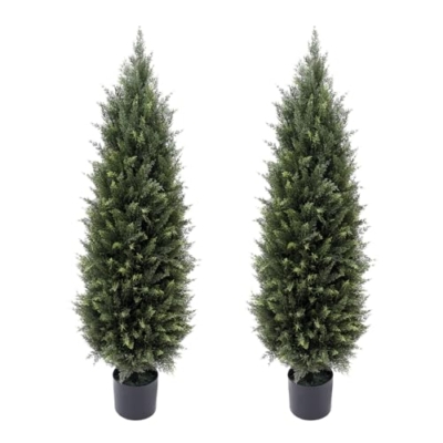 Product: 4ft(48”) Artificial Cedar Outdoor Artificial Shrub Sunlight Resistant Leafy Potted Plant for Indoor Porch of Home and Office Artificial Outdoor Tree 2 Pieces a Set Topiary Trees