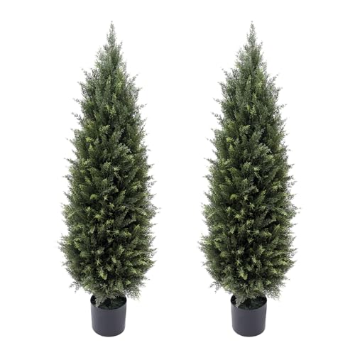 Product: 4ft(48”) Artificial Cedar Outdoor Artificial Shrub Sunlight Resistant Leafy Potted Plant for Indoor Porch of Home and Office Artificial Outdoor Tree 2 Pieces a Set Topiary Trees