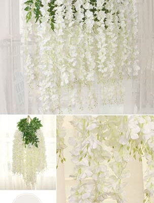 Silky Flower Store White Artificial Wisteria Garland, Silk Hanging Flower Vine, 24 Pack, 3.6ft 9 9 Product: UNIQU 24 Pack 3.6 Feet/Piece White Artificial Flowers Fake Wisteria Garland Hanging Wisteria Silk Flowers for Home Garden Weddings Party Decor