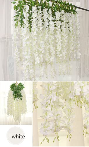 Silky Flower Store White Artificial Wisteria Garland, Silk Hanging Flower Vine, 24 Pack, 3.6ft 3 3 Product: UNIQU 24 Pack 3.6 Feet/Piece White Artificial Flowers Fake Wisteria Garland Hanging Wisteria Silk Flowers for Home Garden Weddings Party Decor