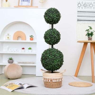 Product: Luyue 3FT Artificial Topiaries 2 Pack Boxwood Ball Tree Front Porch Decor Outdoor Topiary Plant Set of 2 Faux 3 Balls Boxwood Topiary in Pot for Outdoor Front Door Plant Patio and Garden Décor