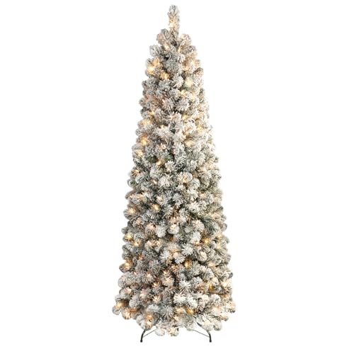 Product: SHareconn 7.5ft Prelit Snow Flocked Slim Pencil Christmas Tree - Warm White Lights & Full Branch Tips for Festive Holiday Decor