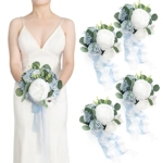 Product: Ling's Moment Artificial Flowers Dusty Blue Bridesmaid Bouquet Set of 4, Blue & White Wedding Flowers Bouquets for Bridesmaids, 7 Inch Bridal Bouquets for Bridesmaids