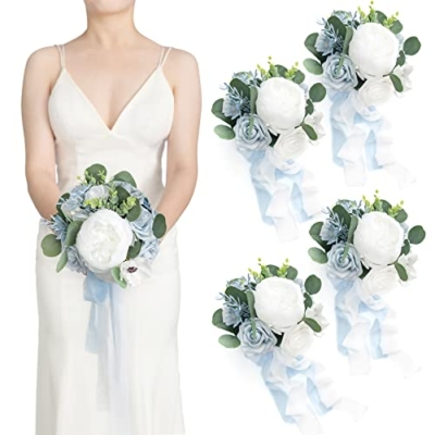Product: Ling's Moment Artificial Flowers Dusty Blue Bridesmaid Bouquet Set of 4, Blue & White Wedding Flowers Bouquets for Bridesmaids, 7 Inch Bridal Bouquets for Bridesmaids