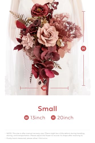 Silky Flower Store Red Burgundy Cascading Bridal Bouquet, Artificial Wedding Bouquet, Mauve Wine Bridal Flowers, 13 Inch x 20 Inch 1 1 Product: Ling's Moment Red Bridal Bouquet Cascading, Burgundy Wedding Bouquets for Bride, 13 Inch Bride Bouquets for Wedding Artificial Flowers Bouquets