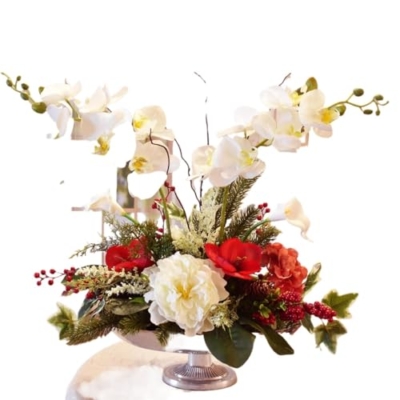 Product: Elegant Long-Term Storage Artificial Orchid & Amaryllis Christmas Centerpiece in Silver Boat Bowl - Perfect Winter Wedding Decoration