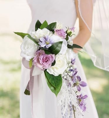 Silky Flower Store Bridal Bouquet Purple White Silk Wedding Flowers, Artificial Wedding Bouquet, Ivory Roses, 9 Inch 17 17 Product: INSUNSIX Bridal Bouquet,9 Inch Wedding Bouquets Purple and White Fake Wedding Silk Flowers for Ceremony Anniversary Brides Shower(Purple)