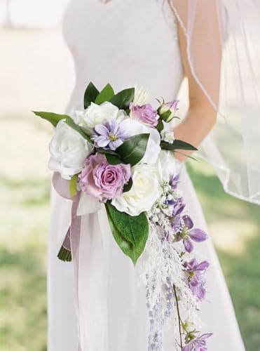 Silky Flower Store Bridal Bouquet Purple White Silk Wedding Flowers, Artificial Wedding Bouquet, Ivory Roses, 9 Inch 8 8 Product: INSUNSIX Bridal Bouquet,9 Inch Wedding Bouquets Purple and White Fake Wedding Silk Flowers for Ceremony Anniversary Brides Shower(Purple)