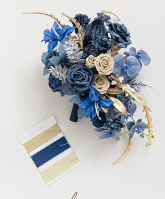 Silky Flower Store Navy Blue and Gold Cascading Bridal Bouquet, Artificial Wedding Flower Bouquet, 15 Inch 12 12 Product: Ling's Moment Navy Blue and Gold Bridal Bouquet Cascading, Manor Blue Wedding Bouquets for Bride, 15 Inch Artificial Wedding Flower Bouquet