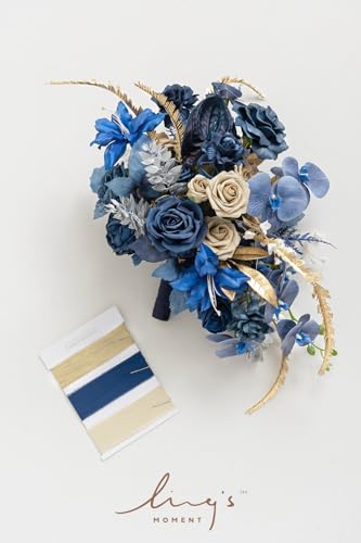Silky Flower Store Navy Blue and Gold Cascading Bridal Bouquet, Artificial Wedding Flower Bouquet, 15 Inch 5 5 Product: Ling's Moment Navy Blue and Gold Bridal Bouquet Cascading, Manor Blue Wedding Bouquets for Bride, 15 Inch Artificial Wedding Flower Bouquet