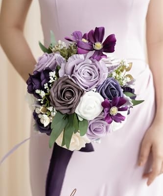 Silky Flower Store Purple Bridal Bouquet, Lilac Silk Wedding Bouquet, Artificial Bridesmaid Bouquet, Premade Wedding Flowers 9 Inch 7 7 Product: Ling's Moment Purple Bridal Bouquet for Bride, Lilac Wedding Bouquets for Bride Maid of Honor Bridesmaid, 9 Inch Silk Round Artificial Wedding Flowers Bouquets, Small Bridesmaid Bouquet