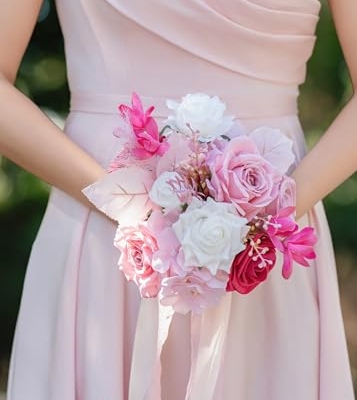 Silky Flower Store Hot Pink Bridesmaid Bouquet Artificial Flowers Set of 4, BENCENTRE 7 Inch, Silk Roses Pampas Grass 18 Inch Ribbon 10 10 Product: BENCENTRE 7 Inch Hot Pink Bridesmaid Bouquet for Wedding, Set of 4, Small Wedding Bouquet,for Marriage Proposal Party and Vintage Wedding Ceremony Anniversary,Artificial Flowers