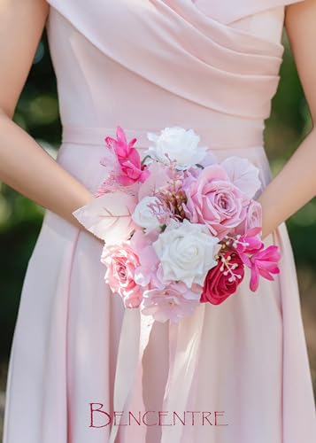 Silky Flower Store Hot Pink Bridesmaid Bouquet Artificial Flowers Set of 4, BENCENTRE 7 Inch, Silk Roses Pampas Grass 18 Inch Ribbon 3 3 Product: BENCENTRE 7 Inch Hot Pink Bridesmaid Bouquet for Wedding, Set of 4, Small Wedding Bouquet,for Marriage Proposal Party and Vintage Wedding Ceremony Anniversary,Artificial Flowers