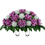 Product: Sympathy Silks Artificial Cemetery Flowers - Realistic - Outdoor Grave Decorations - Non-Bleed Colors, and Easy Fit - Lavender Open Rose with White Mum Saddle for Headstone
