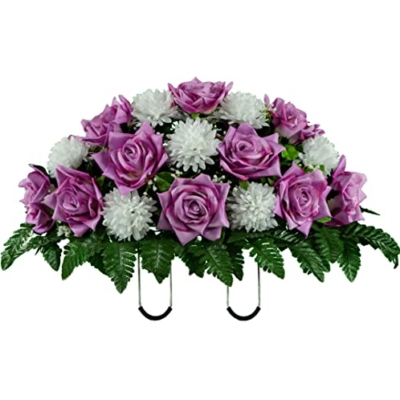 Product: Sympathy Silks Artificial Cemetery Flowers - Realistic - Outdoor Grave Decorations - Non-Bleed Colors, and Easy Fit - Lavender Open Rose with White Mum Saddle for Headstone