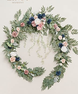 Silky Flower Store Faux Eucalyptus Willow Leaf Garland, White Flower Dusty Rose Navy Wedding Decor, 9FT 9 9 Product: Ling's Moment 9FT Eucalyptus and Willow Leaf Garland with White Flower, Handcrafted Wedding Sweetheart Table Centerpieces Head Table Decor Arch Backdrop Decorations for Wedding | Dusty Rose & Navy