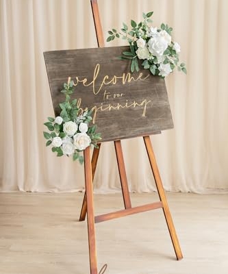 Silky Flower Store Artificial Wedding Floral Swag, White Faux Flower Garland, Welcome Sign Decor, 24x10in 10 10 Product: Ling's Moment 2pcs White Wedding Artificial Floral Swag Welcome Sign Flowers Backdrop Garland Green for Ceremony Reception Door Wall Easel Home Decoration Entryway Faux Outdoor Board Table Decor
