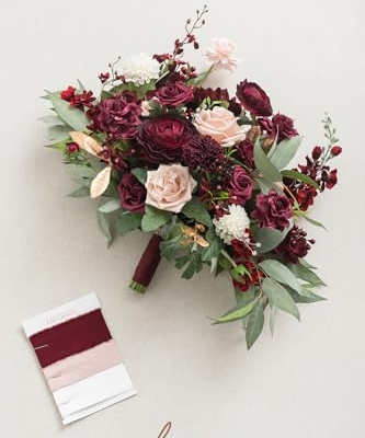 Silky Flower Store Red Burgundy Blush Bridal Bouquet, Artificial Wedding Flower Bouquet, Lings Moment, 17 Inch 15 15 Product: Ling's Moment Red Wedding Bouquets for Bride, Burgundy and Blush Bridal Bouquets for Bride,17 Inch Free Form Artificial Wedding Flower Bouquet