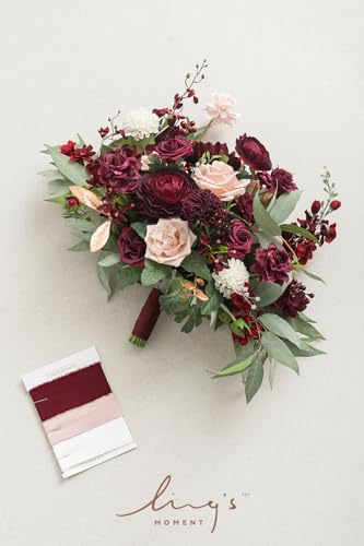 Silky Flower Store Red Burgundy Blush Bridal Bouquet, Artificial Wedding Flower Bouquet, Lings Moment, 17 Inch 7 7 Product: Ling's Moment Red Wedding Bouquets for Bride, Burgundy and Blush Bridal Bouquets for Bride,17 Inch Free Form Artificial Wedding Flower Bouquet