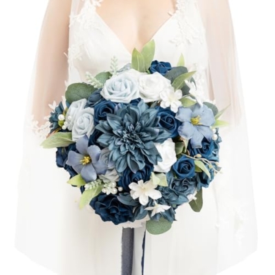Product: Ling's Moment Navy Blue Bridal Bouquet for Bride, Blue Wedding Bouquets for Bride, 13 Inch Silk Round Artificial Wedding Flowers Bouquets