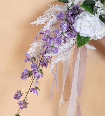 Silky Flower Store Bridal Bouquet Purple White Silk Wedding Flowers, Artificial Wedding Bouquet, Ivory Roses, 9 Inch 16 16 Product: INSUNSIX Bridal Bouquet,9 Inch Wedding Bouquets Purple and White Fake Wedding Silk Flowers for Ceremony Anniversary Brides Shower(Purple)