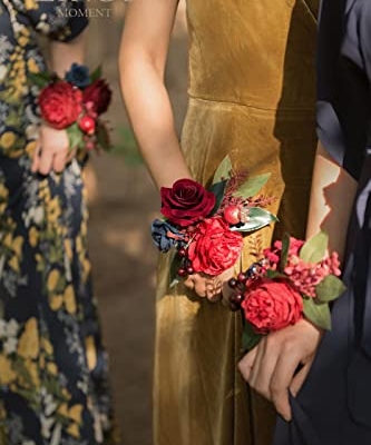 Product: Ling's Moment 6pcs Wedding Wrist Corsage Artificial Flowers, Girl/Mother Homecoming Prom Corsages Wristlet Décor, etc. Burgundy and Navy Blue