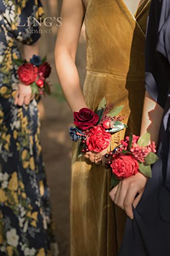 Product: Ling's Moment 6pcs Wedding Wrist Corsage Artificial Flowers, Girl/Mother Homecoming Prom Corsages Wristlet Décor, etc. Burgundy and Navy Blue