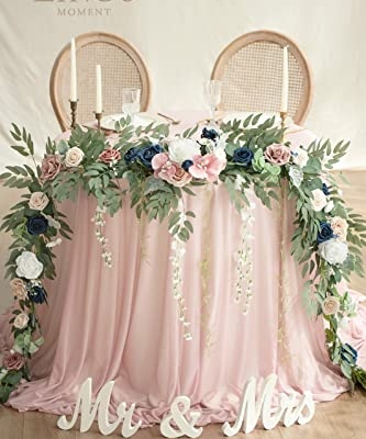 Silky Flower Store Faux Eucalyptus Willow Leaf Garland, White Flower Dusty Rose Navy Wedding Decor, 9FT 7 7 Product: Ling's Moment 9FT Eucalyptus and Willow Leaf Garland with White Flower, Handcrafted Wedding Sweetheart Table Centerpieces Head Table Decor Arch Backdrop Decorations for Wedding | Dusty Rose & Navy