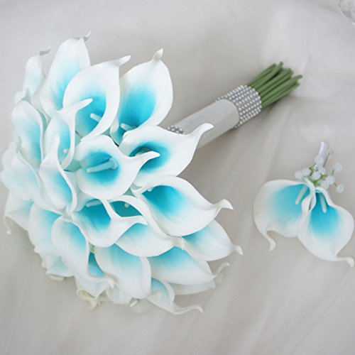 Silky Flower Store Calla Lily Bridal Wedding Bouquet Groom Boutonniere Turquoise Teal Aqua Picasso, White Ribbon Bling, 12in 3 3 Product: Lily Garden Luxury Calla Lily Bridal Wedding Bouquet 3 Dozen with Groom Boutonniere (Turquoise Picasso)